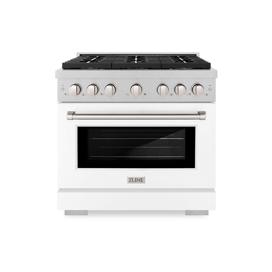 ZLINE 36 in. 5.2 cu. ft. Paramount Gas Range with 6 Burner DuoPro™ Cooktop and Convection Gas Oven in Satin Stainless Steel with White Matte Door (PSGRS-WM-36)
