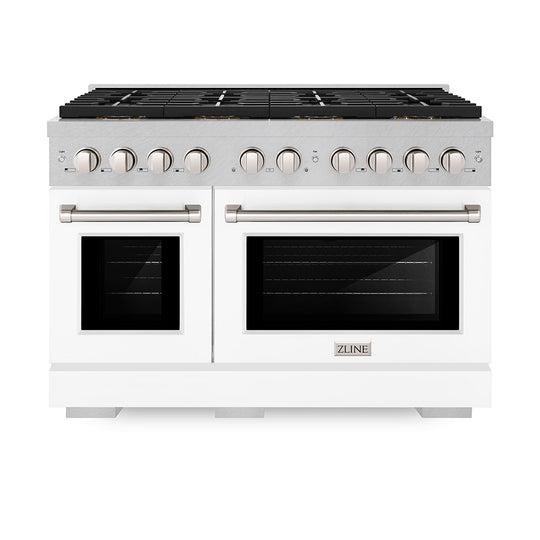 ZLINE 48 in. 6.7 cu. ft. Paramount Gas Range with 8 Burner DuoPro™ Cooktop and Dual Ovens in Satin Stainless Steel with White Matte Doors (PSGRS-WM-48)