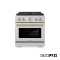 ZLINE Autograph Edition 30 in. 4.2 cu. ft. Paramount Gas Range with 4 Burner DuoPro™ Cooktop and Convection Gas Oven in Satin Stainless Steel and Champagne Bronze Accents (PSGRSZ-30-CB)