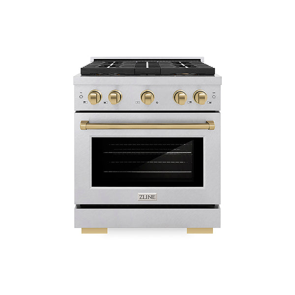 ZLINE Autograph Edition 30 in. 4.2 cu. ft. Paramount Gas Range with 4 Burner DuoPro™ Cooktop and Convection Gas Oven in Satin Stainless Steel and Champagne Bronze Accents, Open Box-Great Condition