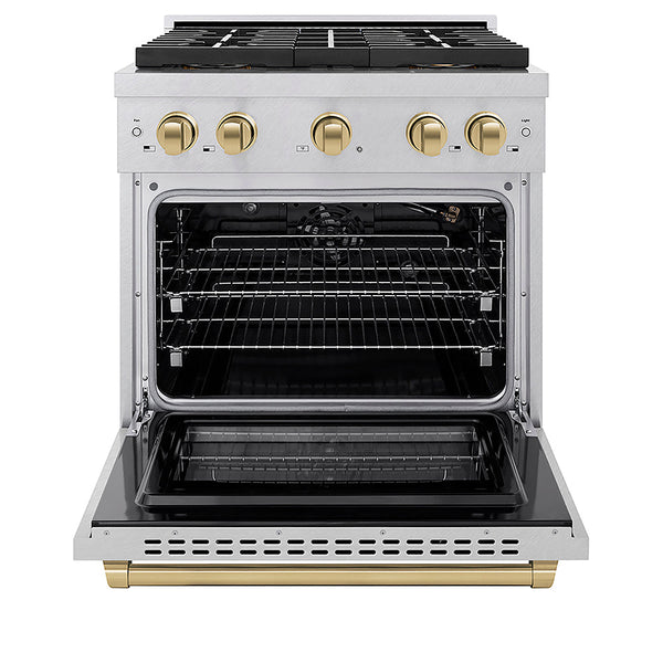 ZLINE Autograph Edition 30 in. 4.2 cu. ft. Paramount Gas Range with 4 Burner DuoPro™ Cooktop and Convection Gas Oven in Satin Stainless Steel and Champagne Bronze Accents, Open Box-Good Condition