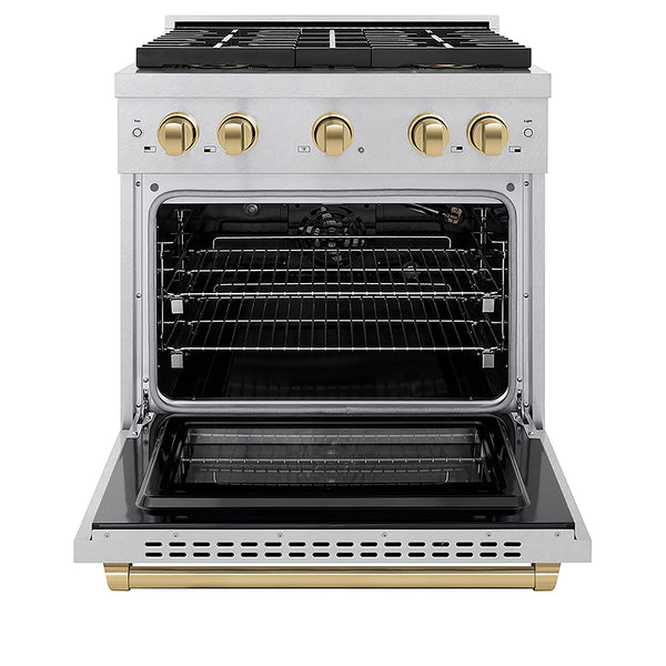 ZLINE Autograph Edition 30 in. 4.2 cu. ft. Paramount Gas Range with 4 Burner DuoPro™ Cooktop and Convection Gas Oven in Satin Stainless Steel and Champagne Bronze Accents, Open Box-Great Condition