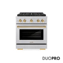 ZLINE Autograph Edition 30 in. 4.2 cu. ft. Paramount Gas Range with 4 Burner DuoPro™ Cooktop and Convection Gas Oven in Satin Stainless Steel and Polished Gold Accents, Open Box-Good Condition