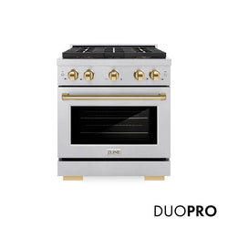 ZLINE Autograph Edition 30 in. 4.2 cu. ft. Paramount Gas Range with 4 Burner DuoPro™ Cooktop and Convection Gas Oven in Satin Stainless Steel and Polished Gold Accents, Open Box-Great Condition