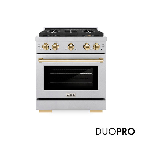 ZLINE Autograph Edition 30 in. 4.2 cu. ft. Paramount Gas Range with 4 Burner DuoPro™ Cooktop and Convection Gas Oven in Satin Stainless Steel and Polished Gold Accents, Open Box-Great Condition