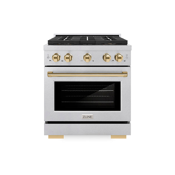 ZLINE Autograph Edition 30 in. 4.2 cu. ft. Paramount Gas Range with 4 Burner DuoPro™ Cooktop and Convection Gas Oven in Satin Stainless Steel and Polished Gold Accents, Open Box-Great Condition