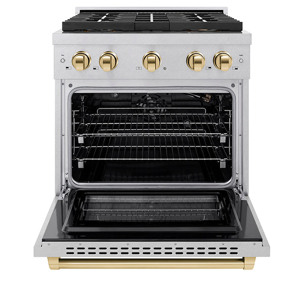 ZLINE Autograph Edition 30 in. 4.2 cu. ft. Paramount Gas Range with 4 Burner DuoPro™ Cooktop and Convection Gas Oven in Satin Stainless Steel and Polished Gold Accents, Open Box-Great Condition