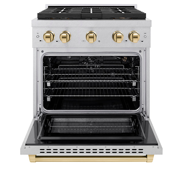 ZLINE Autograph Edition 30 in. 4.2 cu. ft. Paramount Gas Range with 4 Burner DuoPro™ Cooktop and Convection Gas Oven in Satin Stainless Steel and Polished Gold Accents, Open Box-Good Condition