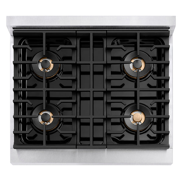 ZLINE Autograph Edition 30 in. 4.2 cu. ft. Paramount Gas Range with 4 Burner DuoPro™ Cooktop and Convection Gas Oven in Satin Stainless Steel and Polished Gold Accents, Open Box-Great Condition
