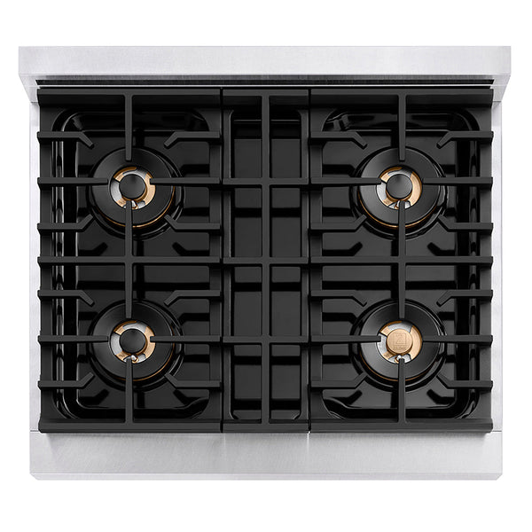 ZLINE Autograph Edition 30 in. 4.2 cu. ft. Paramount Gas Range with 4 Burner DuoPro™ Cooktop and Convection Gas Oven in Satin Stainless Steel and Polished Gold Accents, Open Box-Good Condition