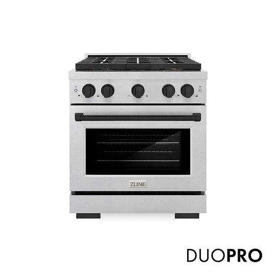 ZLINE Autograph Edition 30 in. 4.2 cu. ft. Paramount Gas Range with 4 Burner DuoPro™ Cooktop and Convection Gas Oven in Satin Stainless Steel and Matte Black Accents, Open Box-Good Condition