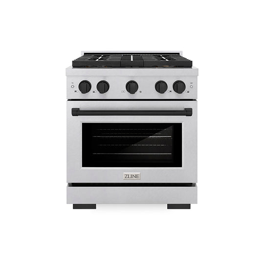 ZLINE Autograph Edition 30 in. 4.2 cu. ft. Paramount Gas Range with 4 Burner DuoPro™ Cooktop and Convection Gas Oven in Satin Stainless Steel and Matte Black Accents (PSGRSZ-30-MB)