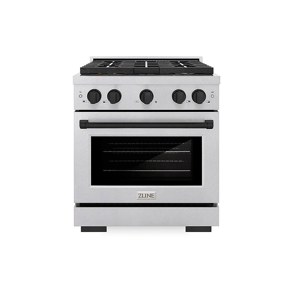 ZLINE Autograph Edition 30 in. 4.2 cu. ft. Paramount Gas Range with 4 Burner DuoPro™ Cooktop and Convection Gas Oven in Satin Stainless Steel and Matte Black Accents, Open Box-Good Condition