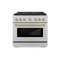 ZLINE Autograph Edition 36 in. 5.2 cu. ft. Paramount Gas Range with 6 Burner DuoPro™ Cooktop and Convection Gas Oven in Satin Stainless Steel and Champagne Bronze Accents, Open Box-Great Condition