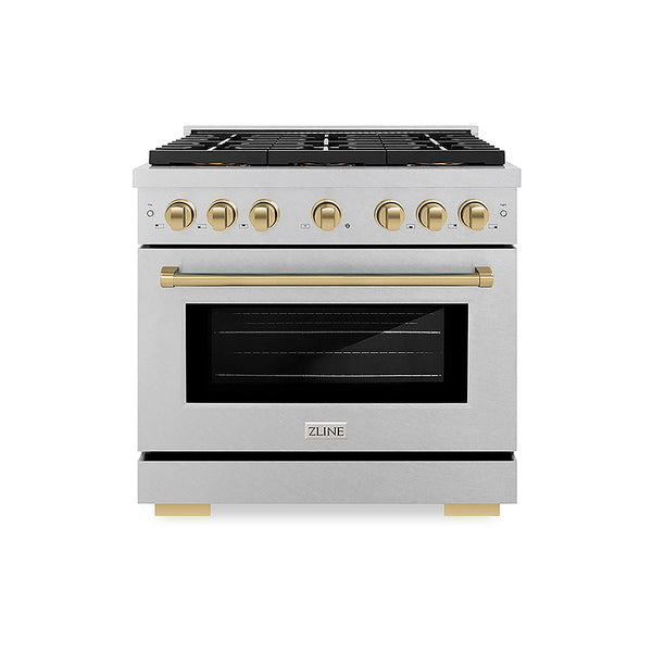 ZLINE Autograph Edition 36 in. 5.2 cu. ft. Paramount Gas Range with 6 Burner DuoPro™ Cooktop and Convection Gas Oven in Satin Stainless Steel and Champagne Bronze Accents, Open Box-Good Condition