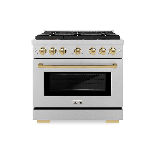 ZLINE Autograph Edition 36 in. 5.2 cu. ft. Paramount Gas Range with 6 Burner DuoPro™ Cooktop and Convection Gas Oven in Satin Stainless Steel and Champagne Bronze Accents, Open Box-Great Condition