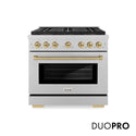 ZLINE Autograph Edition 36 in. 5.2 cu. ft. Paramount Gas Range with 6 Burner DuoPro™ Cooktop and Convection Gas Oven in Satin Stainless Steel and Champagne Bronze Accents, Open Box-Good Condition