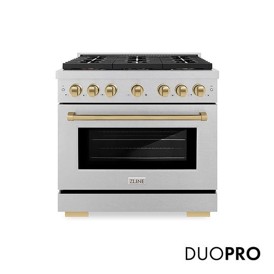 ZLINE Autograph Edition 36 in. 5.2 cu. ft. Paramount Gas Range with 6 Burner DuoPro™ Cooktop and Convection Gas Oven in Satin Stainless Steel and Champagne Bronze Accents, Open Box-Good Condition