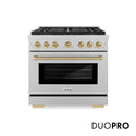 ZLINE Autograph Edition 36 in. 5.2 cu. ft. Paramount Gas Range with 6 Burner DuoPro™ Cooktop and Convection Gas Oven in Satin Stainless Steel and Champagne Bronze Accents, Open Box-Great Condition