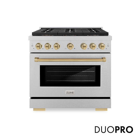 ZLINE Autograph Edition 36 in. 5.2 cu. ft. Paramount Gas Range with 6 Burner DuoPro™ Cooktop and Convection Gas Oven in Satin Stainless Steel and Champagne Bronze Accents, Open Box-Great Condition