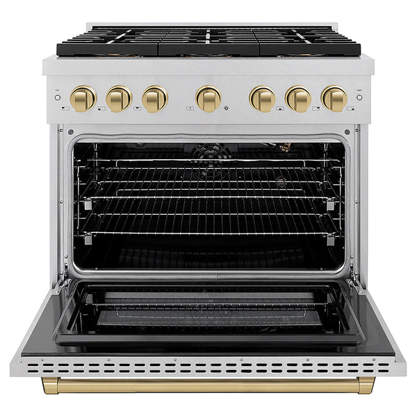 ZLINE Autograph Edition 36 in. 5.2 cu. ft. Paramount Gas Range with 6 Burner DuoPro™ Cooktop and Convection Gas Oven in Satin Stainless Steel and Champagne Bronze Accents, Open Box-Good Condition