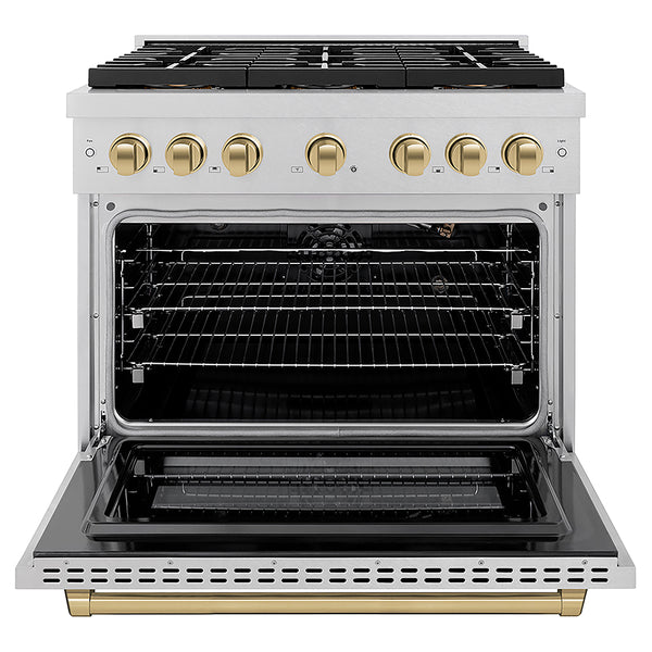 ZLINE Autograph Edition 36 in. 5.2 cu. ft. Paramount Gas Range with 6 Burner DuoPro™ Cooktop and Convection Gas Oven in Satin Stainless Steel and Champagne Bronze Accents, Open Box-Great Condition