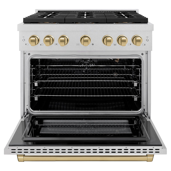 ZLINE Autograph Edition 36 in. 5.2 cu. ft. Paramount Gas Range with 6 Burner DuoPro™ Cooktop and Convection Gas Oven in Satin Stainless Steel and Champagne Bronze Accents (PSGRSZ-36-CB)