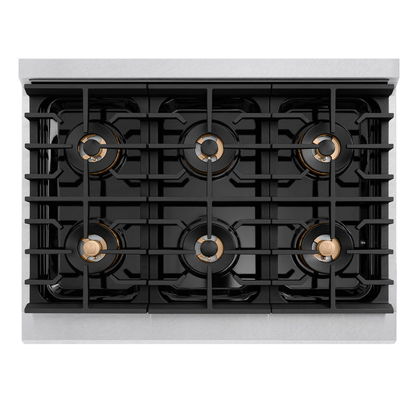 ZLINE Autograph Edition 36 in. 5.2 cu. ft. Paramount Gas Range with 6 Burner DuoPro™ Cooktop and Convection Gas Oven in Satin Stainless Steel and Champagne Bronze Accents (PSGRSZ-36-CB)