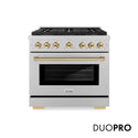ZLINE Autograph Edition 36 in. 5.2 cu. ft. Paramount Gas Range with 6 Burner DuoPro™ Cooktop and Convection Gas Oven in Satin Stainless Steel and Champagne Bronze Accents (PSGRSZ-36-CB)