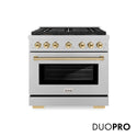 ZLINE Autograph Edition 36 in. 5.2 cu. ft. Paramount Gas Range with 6 Burner DuoPro™ Cooktop and Convection Gas Oven in Satin Stainless Steel and Polished Gold Accents, Open Box-Good Condition