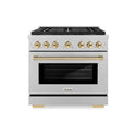 ZLINE Autograph Edition 36 in. 5.2 cu. ft. Paramount Gas Range with 6 Burner DuoPro™ Cooktop and Convection Gas Oven in Satin Stainless Steel and Polished Gold Accents (PSGRSZ-36-G)
