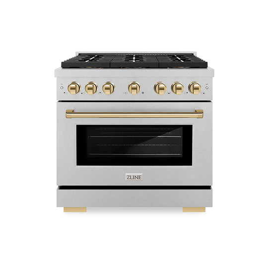 ZLINE Autograph Edition 36 in. 5.2 cu. ft. Paramount Gas Range with 6 Burner DuoPro™ Cooktop and Convection Gas Oven in Satin Stainless Steel and Polished Gold Accents (PSGRSZ-36-G)
