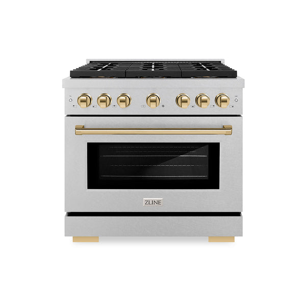 ZLINE Autograph Edition 36 in. 5.2 cu. ft. Paramount Gas Range with 6 Burner DuoPro™ Cooktop and Convection Gas Oven in Satin Stainless Steel and Polished Gold Accents, Open Box-Good Condition