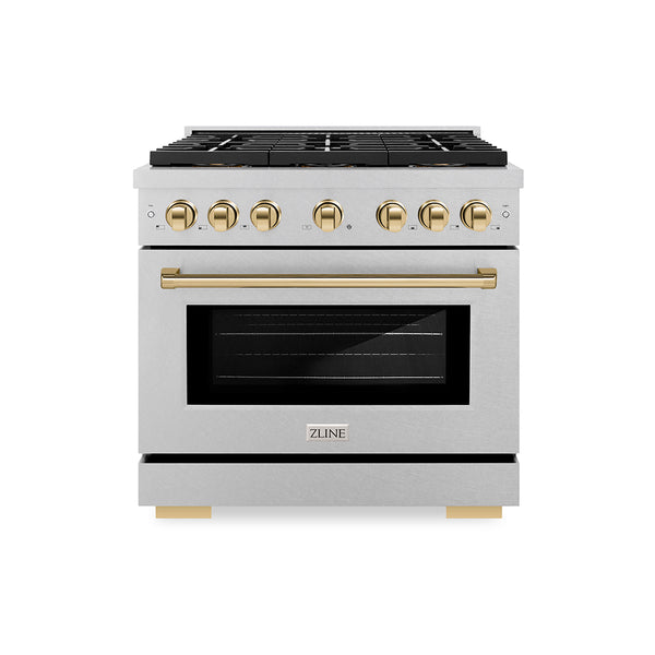 ZLINE Autograph Edition 36 in. 5.2 cu. ft. Paramount Gas Range with 6 Burner DuoPro™ Cooktop and Convection Gas Oven in Satin Stainless Steel and Polished Gold Accents, Open Box-Great Condition