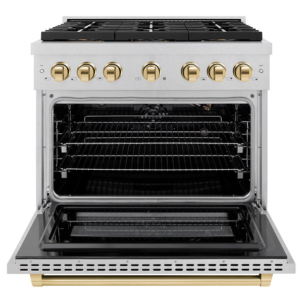 ZLINE Autograph Edition 36 in. 5.2 cu. ft. Paramount Gas Range with 6 Burner DuoPro™ Cooktop and Convection Gas Oven in Satin Stainless Steel and Polished Gold Accents, Open Box-Good Condition