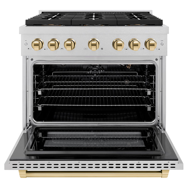 ZLINE Autograph Edition 36 in. 5.2 cu. ft. Paramount Gas Range with 6 Burner DuoPro™ Cooktop and Convection Gas Oven in Satin Stainless Steel and Polished Gold Accents, Open Box-Great Condition