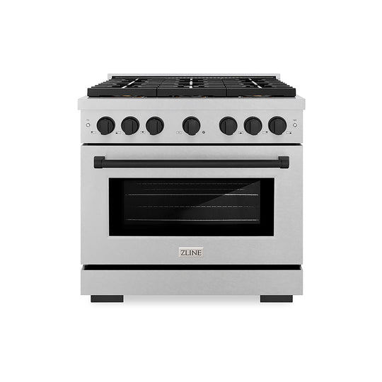 ZLINE Autograph Edition 36 in. 5.2 cu. ft. Paramount Gas Range with 6 Burner DuoPro™ Cooktop and Convection Gas Oven in Satin Stainless Steel and Matte Black Accents (PSGRSZ-36-MB)