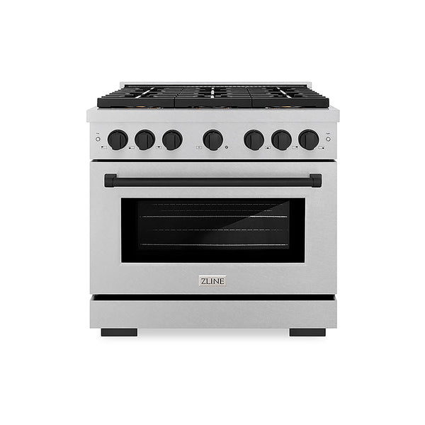ZLINE Autograph Edition 36 in. 5.2 cu. ft. Paramount Gas Range with 6 Burner DuoPro™ Cooktop and Convection Gas Oven in Satin Stainless Steel and Matte Black Accents, Open Box-Good Condition