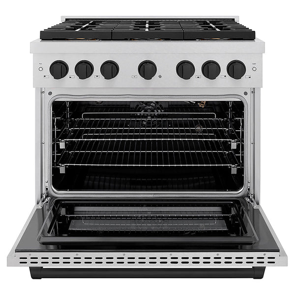 ZLINE Autograph Edition 36 in. 5.2 cu. ft. Paramount Gas Range with 6 Burner DuoPro™ Cooktop and Convection Gas Oven in Satin Stainless Steel and Matte Black Accents, Open Box-Good Condition