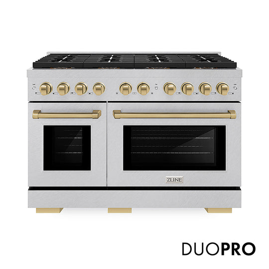 ZLINE Autograph Edition 48 in. 6.7 cu. ft. Paramount Gas Range with 8 Burner DuoPro™ Cooktop and Dual Ovens in Satin Stainless Steel and Champagne Bronze Accents, Open Box-Good Condition