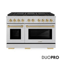 ZLINE Autograph Edition 48 in. 6.7 cu. ft. Paramount Gas Range with 8 Burner DuoPro™ Cooktop and Dual Ovens in Satin Stainless Steel and Champagne Bronze Accents, Open Box-Great Condition