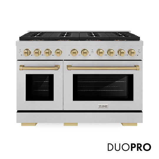 ZLINE Autograph Edition 48 in. 6.7 cu. ft. Paramount Gas Range with 8 Burner DuoPro™ Cooktop and Dual Ovens in Satin Stainless Steel and Champagne Bronze Accents, Open Box-Great Condition