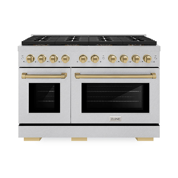 ZLINE Autograph Edition 48 in. 6.7 cu. ft. Paramount Gas Range with 8 Burner DuoPro™ Cooktop and Dual Ovens in Satin Stainless Steel and Champagne Bronze Accents, Open Box-Great Condition