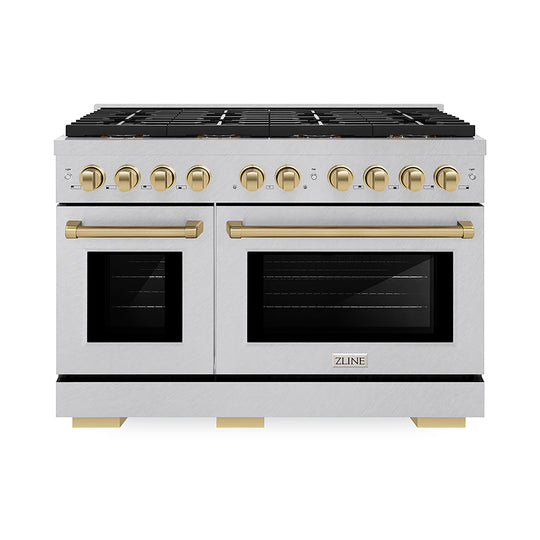 ZLINE Autograph Edition 48 in. 6.7 cu. ft. Paramount Gas Range with 8 Burner DuoPro™ Cooktop and Dual Ovens in Satin Stainless Steel and Champagne Bronze Accents (PSGRSZ-48-CB)