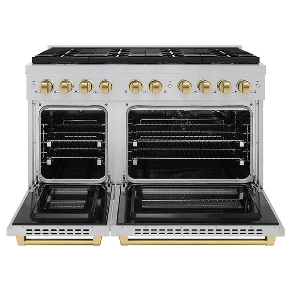 ZLINE Autograph Edition 48 in. 6.7 cu. ft. Paramount Gas Range with 8 Burner DuoPro™ Cooktop and Dual Ovens in Satin Stainless Steel and Champagne Bronze Accents, Open Box-Good Condition