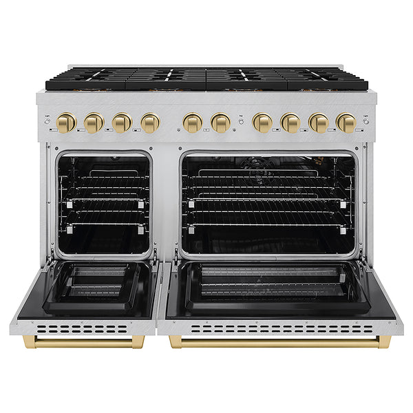 ZLINE Autograph Edition 48 in. 6.7 cu. ft. Paramount Gas Range with 8 Burner DuoPro™ Cooktop and Dual Ovens in Satin Stainless Steel and Champagne Bronze Accents, Open Box-Great Condition
