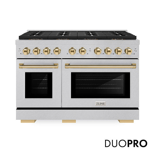 ZLINE Autograph Edition 48 in. 6.7 cu. ft. Paramount Gas Range with 8 Burner DuoPro™ Cooktop and Dual Ovens in Satin Stainless Steel and Polished Gold Accents, Open Box-Good Condition