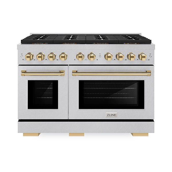 ZLINE Autograph Edition 48 in. 6.7 cu. ft. Paramount Gas Range with 8 Burner DuoPro™ Cooktop and Dual Ovens in Satin Stainless Steel and Polished Gold Accents, Open Box-Great Condition
