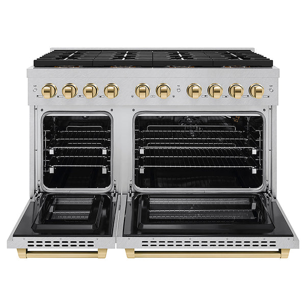 ZLINE Autograph Edition 48 in. 6.7 cu. ft. Paramount Gas Range with 8 Burner DuoPro™ Cooktop and Dual Ovens in Satin Stainless Steel and Polished Gold Accents, Open Box-Good Condition