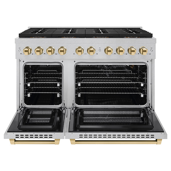 ZLINE Autograph Edition 48 in. 6.7 cu. ft. Paramount Gas Range with 8 Burner DuoPro™ Cooktop and Dual Ovens in Satin Stainless Steel and Polished Gold Accents, Open Box-Great Condition